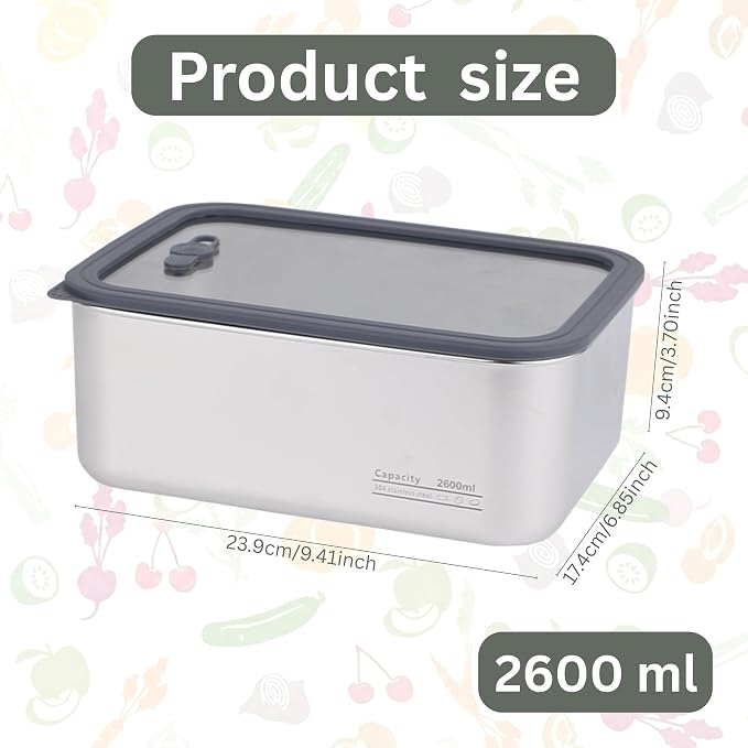 Stainless Steel Food Storage Container-2600ml Leakproof, Airtight Stainless-Steel Bowl with Lid, Freezer/Dishwasher/Microwave Safe Container, Durable & Stackable Stainless Steel Container with Lid