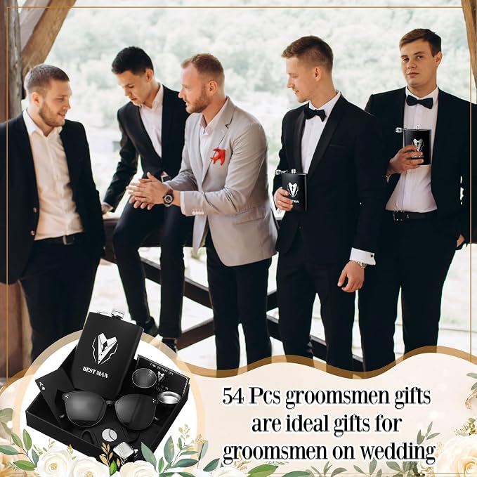 Mimorou 66 Pcs Groomsmen Proposal Gifts - Shot Glasses, Stainless Steel Ice, Flask, Funnel, Gift Boxes, Sunglasses, Knives, Bottle Opener, Cards, Wallets for Wedding Groomsmen Present Set (Retro)