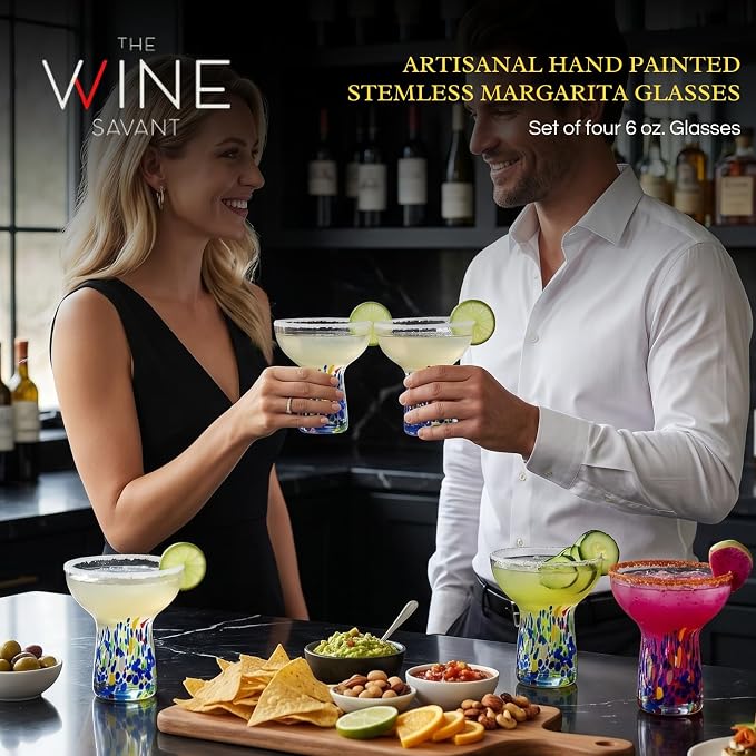 Stemless Margarita Glasses – Set of 4-6oz Luxury Hand Blown Confetti Margaritas, Martini, Cocktails, Water, Wine, Dessert & Champagne Glassware Cinco de Mayo, Hand Blown - Mexican Confetti Glass