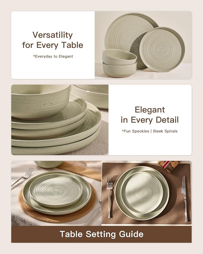 24-Piece Stoneware Dinnerware Sets for 6 with Pasta Bowls – Speckled Glaze with Spiral Design, Coupe Plates and Bowls - Chip & Scratch Resistant, Microwave & Dishwasher Safe, Honey