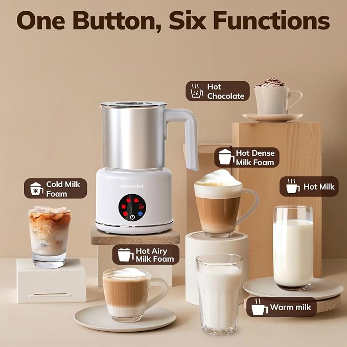 Large Electric Milk Frother and Steamer, 16.9oz/500ml Milk Steamer and Frother for Latte or Hot Chocolate, Dishwasher Safe, 6 Functions, Enjoy Perfect Milk Froth in 2 Min(White-Stainless Steel)