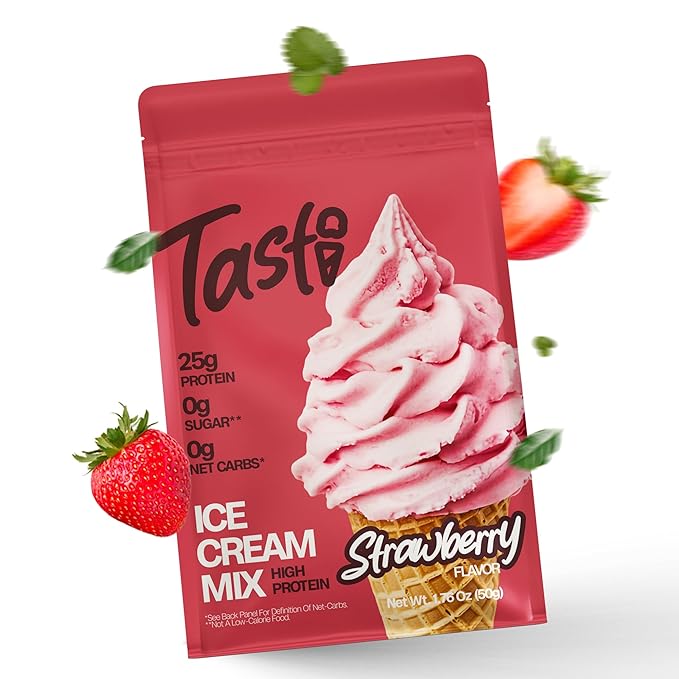 TASTI High-Protein Ice Cream Mix - Strawberry Flavor Low Sugar Ice Cream Powder - Made for Ninja Creami, Soft Serve Mix with 25g Protein, Sugar Free, 0g Net Carbs