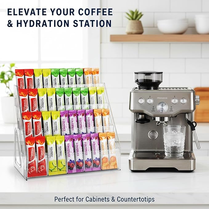4-Tier Acrylic Drink Packet Organizer with 20 Compartments, Sugar Packets Drink Mix Organizer, Water Flavor Packet Holder for Kitchen Pantry Cabinet Storage Coffee Station