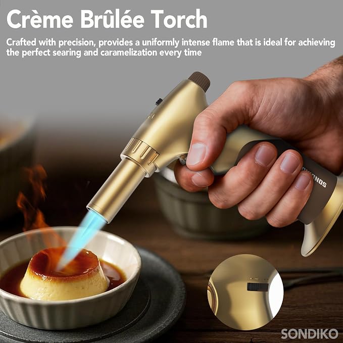 Sondiko DUAL Style Flame Butane Torch Lighter, Adjustable Flame Size Butane Lighter, Refillable Blow Torch with Continuous Flame Lock for Cooking, Butane Gas Is Not Included, Gold