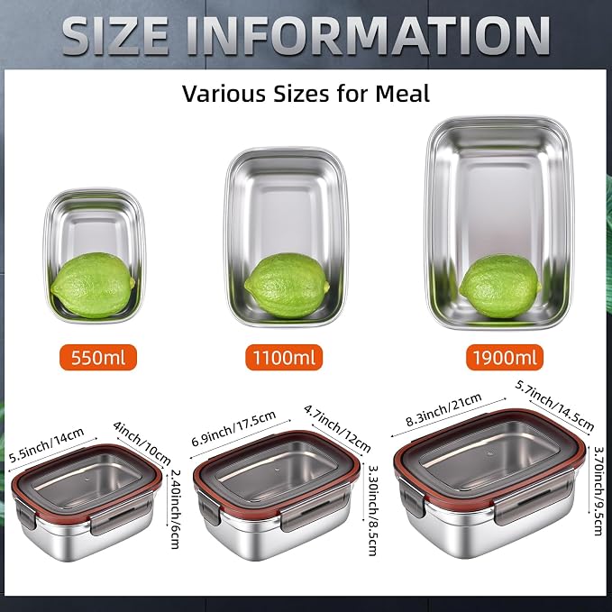 Stainless Steel Airtight Food Storage & Bento Lunch Box Set of 6 - Leakproof Seal, Dishwasher & Freezer Safe, Stackable, 3 Sizes (19.4/38.8/67oz) for Meal Prep, Work, Travel
