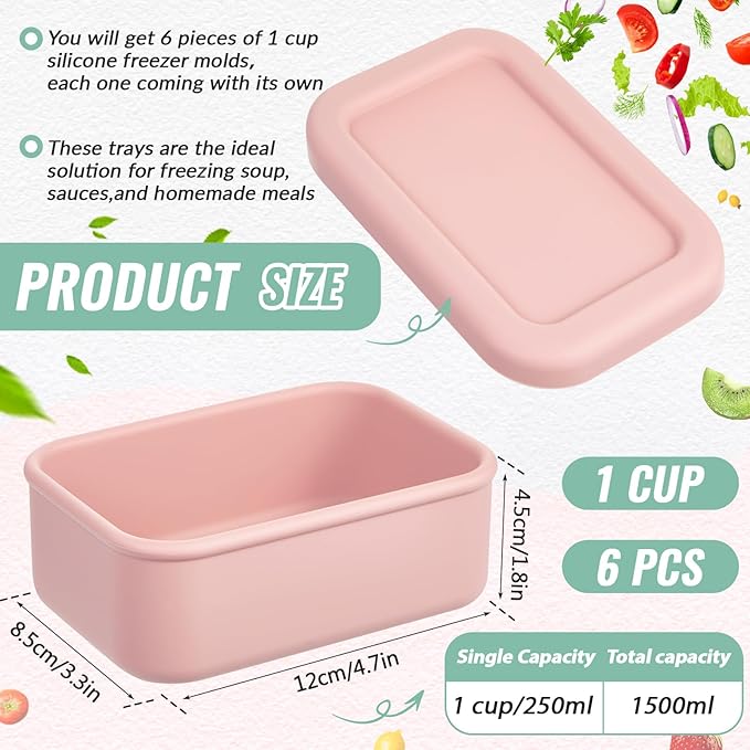 Teenyyou 6 Packs 1 Cup Silicone Soup Freezer Molds with Lid Silicone Soup Freezer Trays Rectangle Reusable Food Preserving Tray Freezing Sauces Stews(Pink, Sage Green)