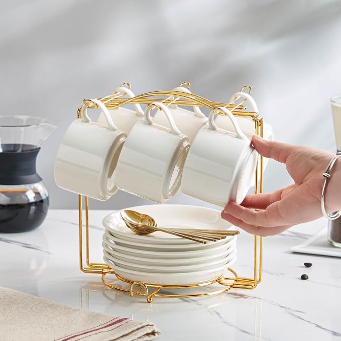 YOLIFE Espresso Cups with Saucers Set and Gold Metal Stand, 4oz Coffee Espresso Cups Set of 6, Ceramic Expresso Shots Cup with Stand & Saucers, White