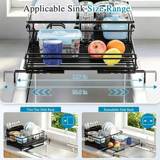 Expandable Dish Drying Rack for Kitchen Counter, Large Capacity Dish Rack with 360° Rotatable Drain Spout & Utensil Holder, Stainless Steel Dish Drainer for Kitchen Sink, Black