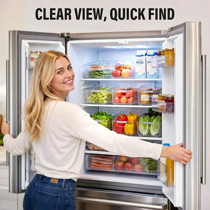 Fridge Organizer Bins with Wheels, Pull Out Fridge Organizer, Adjustable Dividers and Easy Pull Handles, Clear Plastic, 2-Pack, Suitable for Kitchen, Pantry and Cabinet Deep Shelves
