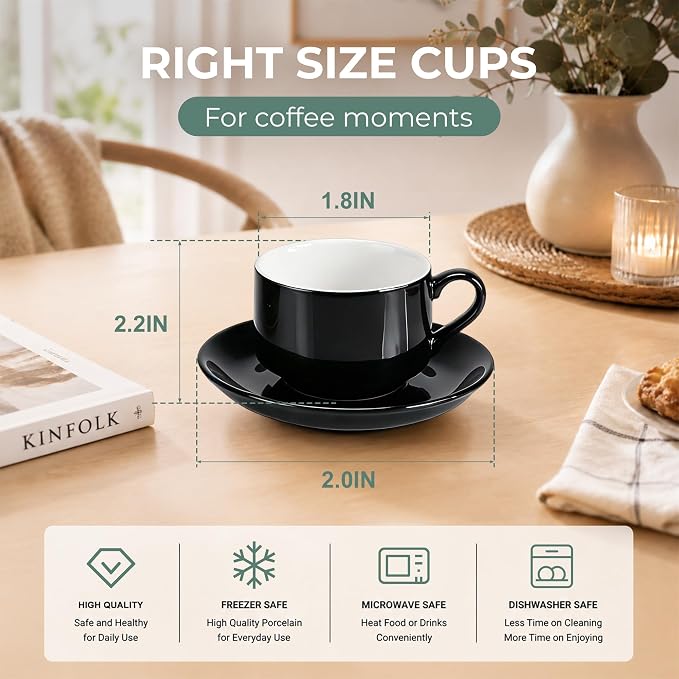 3 Ounce Espresso Cups Set of 4, Stackable Demitasse Mugs, Includes Display Stand, Cups Saucers, and Spoons, for Machines & Home Use, Black, Gold Tone