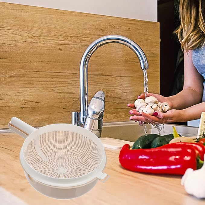 Mobestech Double Layer Strainer Basket 13.38X9.05X4.33 Inch Plastic Drain Basket Bowl for Washing Fruits and Vegetables with Handle Detachable Design for Kitchen Use