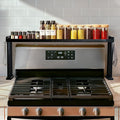 Over the Stove Shelf, Bamboo Stove Top Spice Rack for Kitchen,Wooden Stove Shelf for Back of Stove, Non-slip Countertop Seasoning Organizer with 6 hooks,Easy to Assemble 33.5*4.5*13.4” Black