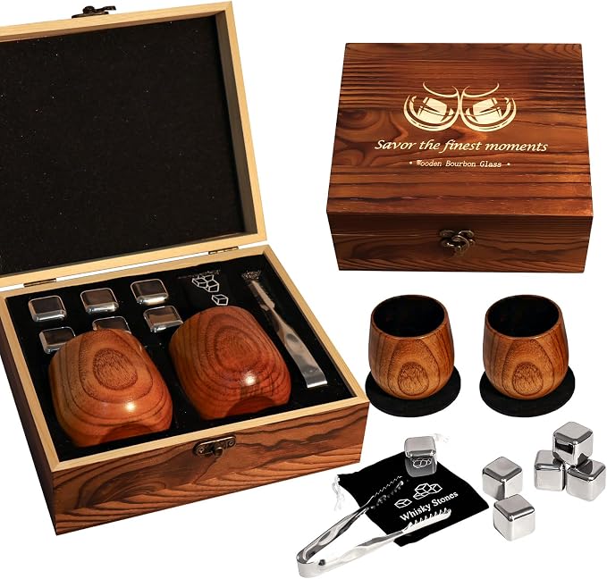 Charred Wooden Bourbon Drinking Glass, Bourbon Gifts for Men, Handcrafted Retirement Whiskey Glasses for Dad, Great Whiskey Gifts for Men, Perfect Presents for Boyfriend Father Friends, 2 Set Cube