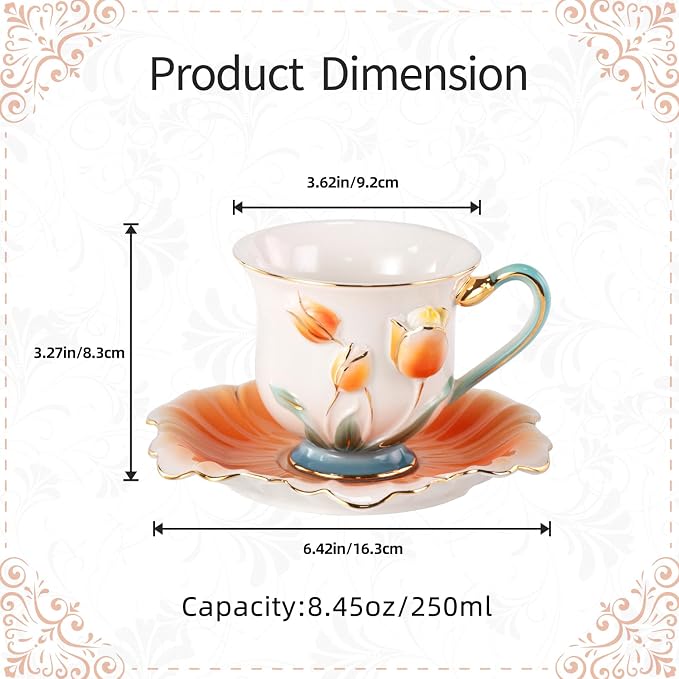 KAMMAK Tea Cups and Saucers Set of 2, Porcelain Coffee Cups, Stackable Espresso Mugs, Ceramic Demitasse for Coffee, Latte, Americano, Tea, Relief - Pink + Orange