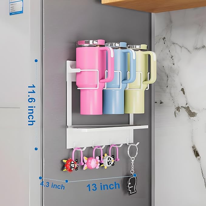 EASTTOWEST Magnetic Cup Storage Organizer Holder for Stanley 30/40 oz Tumbler,Strong Magnetic Rack for Fridge (White, 3CUPS)