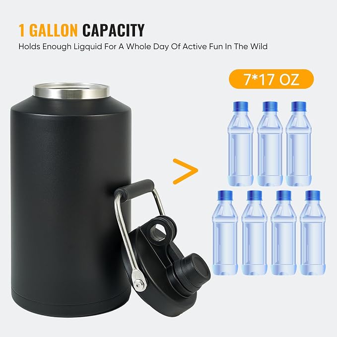 Insulated Gallon Jug with Handle, One Gallon, 128oz Stainless Steel, Large Double Vacuum Water Bottle for Cold Drinks, Wide Mouth, Sweat Proof, Carrier bag, Great for Travel, Camping, Black