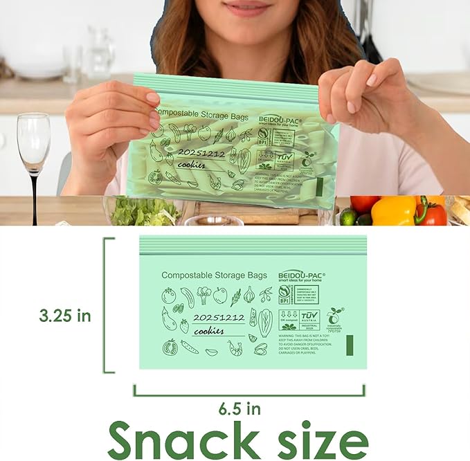 BEIDOU-PAC Compostable Snack Storage Zip Bags, 100 Count | 2 Mil | 6.5 IN x 3.25 IN, Freshness Easy Open Biodegradable Eco-Friendly Reclosable Compost Zipper Bags for Food On the Go