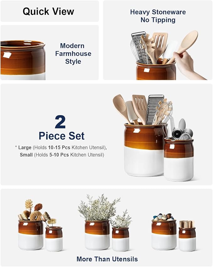 LE TAUCI Kitchen Utensil Holder for Countertop, Ceramic Utensil Crock Set of 2, Rustic Brown Holder for Spatulas, Spoons and Ladles, Large Farmhouse Kitchen Counter Decor, Brown and White, 7.2" & 5.4"