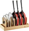 Housolution Bamboo Pot and Pan Organizer for Cabinet, Pot Lid Organizer with 7 Adjustable Dividers, Pan Holder Storage Rack with Solid Bamboo Wooden Base