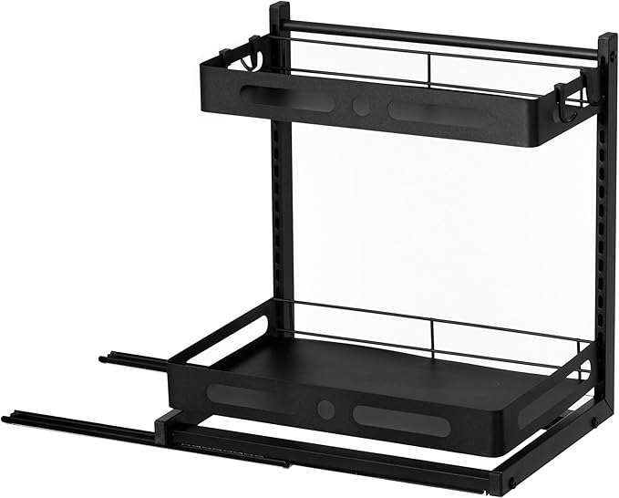 Basicwise Adjustable Height Under Sink Pull-Out Organizer Sliding Shelf Rack Heavy-Duty Mesh Baskets for Kitchen & Bathroom Cabinets Ideal for Tall Bottles Cleaning Supplies & Tight Spaces, Set of 2
