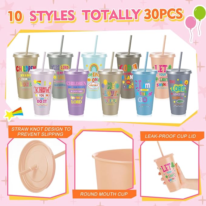 Uiifan 30 Pcs Morandi Christian Cups for Kids, Vacation Bible School Gifts 24oz Pastel Reusable Plastic Tumblers with Lids Straws, Neutral Bible Verse Party Cups for Sunday School, Classroom, Holiday