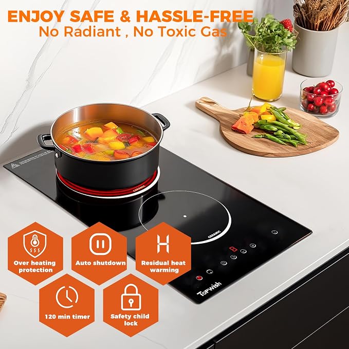 TOPWISH Electric Stove 2 Burner Electric Cooktop, 12 Inch Plug-in Stove Top | Electric Kitchen Stoves with Timer & Child Lock, 110V Cook Top Stove Electric Burners for Cooking, Built-in