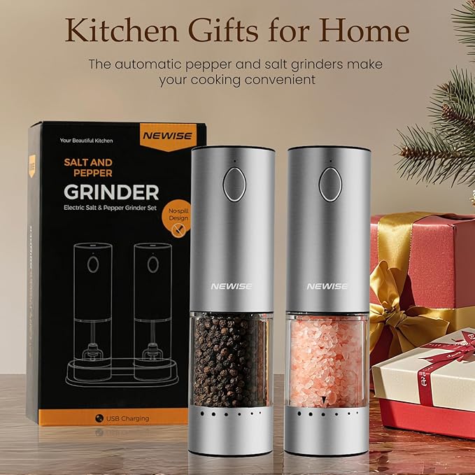 Newise Electric Salt and Pepper Grinder Set - Rechargeable Stainless Steel Salt and Pepper Shakers with LED Lights, Adjustable Coarseness, Large Capacity, Gifts for Women
