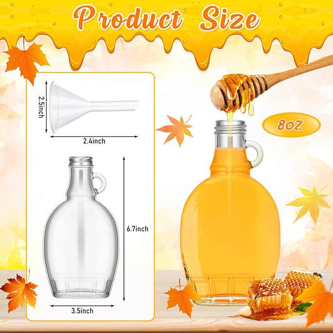 meekoo 24 Pieces 8 oz Glass Syrup Bottles with Aluminum Lid and Loop Handle Glass Maple Syrup Jars Container with 4 Funnels for Potion Juice Milk Storage Gift Sauce Oil