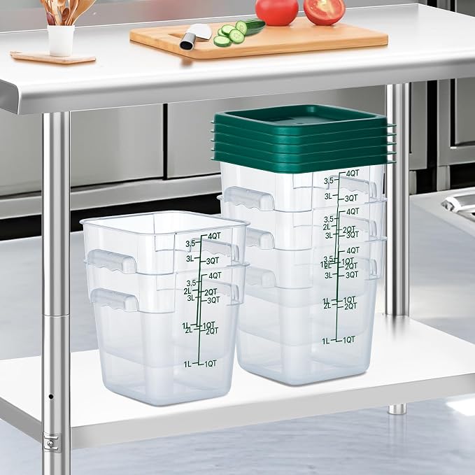4 Pack 4 Qt Square Polycarbonate Food Storage Containers with Lids | Clear BPA-free PC with lids, side handles, measurement scale and stackable design; for food prep, storage and freezer use.