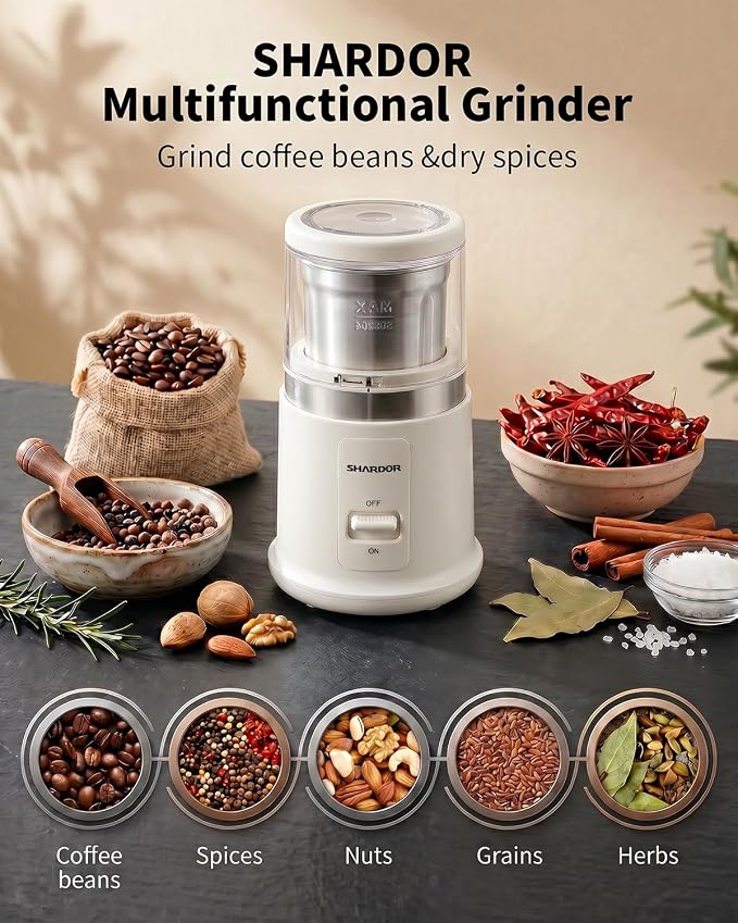 SHARDOR Quiet Coffee Grinder Electric, 70g Removable Bowl Spice Grinder for Coffee Beans, Seeds and Grains, Super Silent Grinding Mill with 60dB Low Noise, 2.5oz Capacity, White