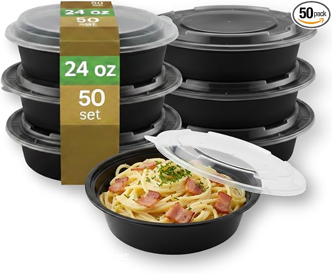 [24 oz Round Meal Prep Containers with Lids – BPA-Free Food Storage Containers, Bento Box for Restaurant & Catering Use, Stackable, Microwave, Dishwasher, Freezer Safe – 50 Pack