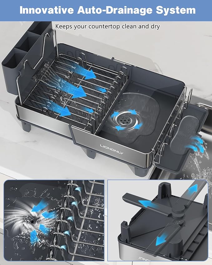 Dish Drying Rack, 304 Stainless Steel Expandable Dish Rack with Adjustable Drain Spout, Large Capacity Dish Drainer with Utensil Holder, Cup Holder and Cutting Board Rack for Kitchen Counter, Gray