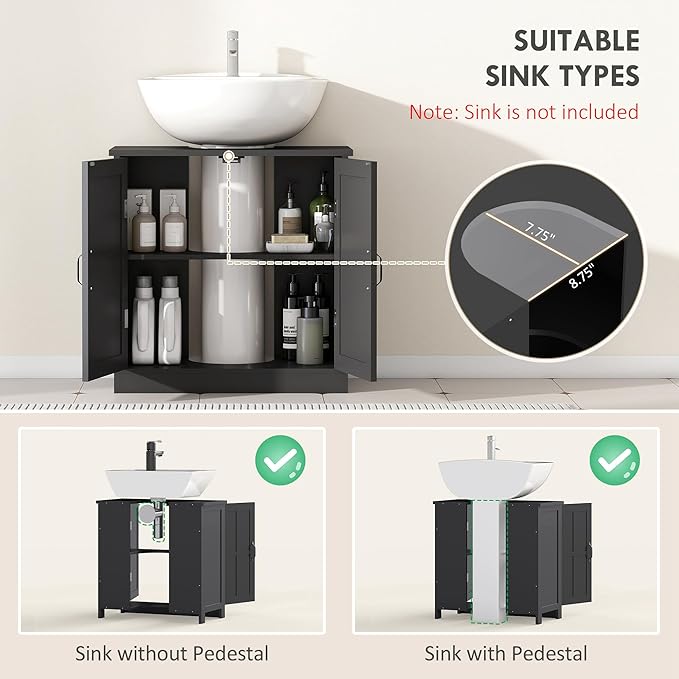 kleankin Pedestal Sink Storage Cabinet, Under Sink Cabinet with 2 Doors and Adjustable Shelf, Bathroom Vanity with U-Shape Cut-Out, Black