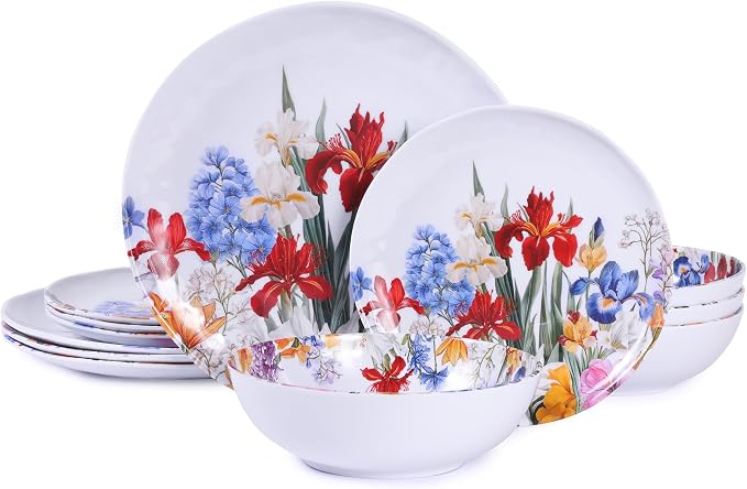Melamine Dinnerware Sets 12 Pcs, Melamine Plates and Bowls,Party Plates and Bowls Sets, Camping Dishes Set for 4, Unbreakable, BPA Free, Dishwasher Safe（Colorful flowers）