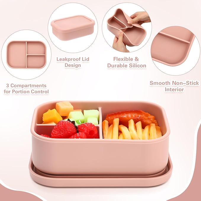 Honeydak 6 Pcs Silicone Bento Box for Adults, 3 Compartment Lunchable Food Container for Women Men, Leak Proof Microwave Dishwasher Freezer Safe (Bright Colors)