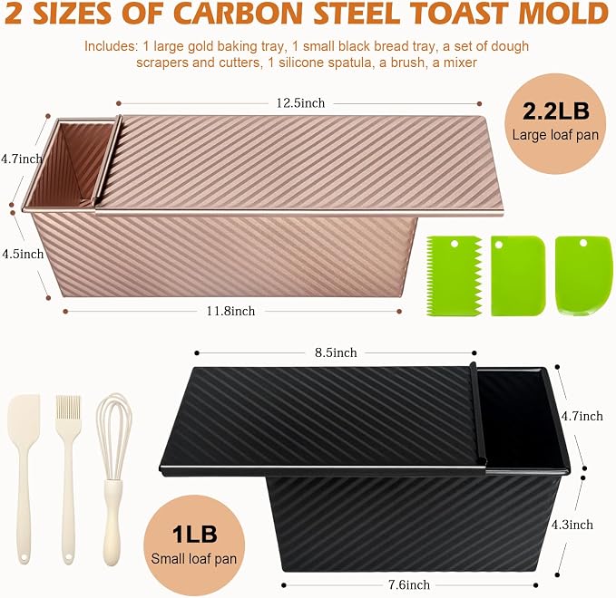 Pullman Loaf Pan with Lid, 2 Pack 2.2 LB & 1 LB Dough Capacity, Non-Stick Carbon Steel Bread Pan for Sandwich Bread and Sourdough Loaves, Square Toast Mold with Baking Tools, Gift-Ready Packaging
