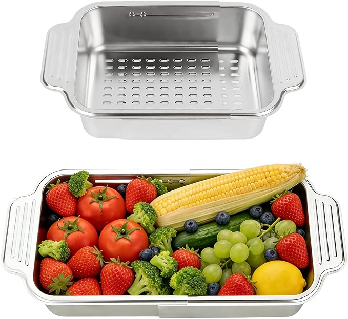 4 In 1 Collapsible Colander Strainer, 304 Stainless Steel Expandable Over the Sink Colander, Foldable Large Colanders Basket to Wash Vegetable and Fruits, Drain Cooked Pasta and Dry Dishes