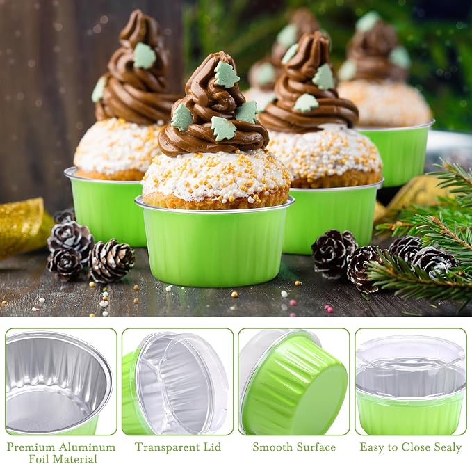 Gejoy 400 Pcs Aluminum Foil Baking Cups with Lids 5 oz Disposable Ramekins Mini Cake Pans Creme Brulee Cupcake Liners Muffin Tins Flan Mold Dessert Container for Wedding(Green,Classic)