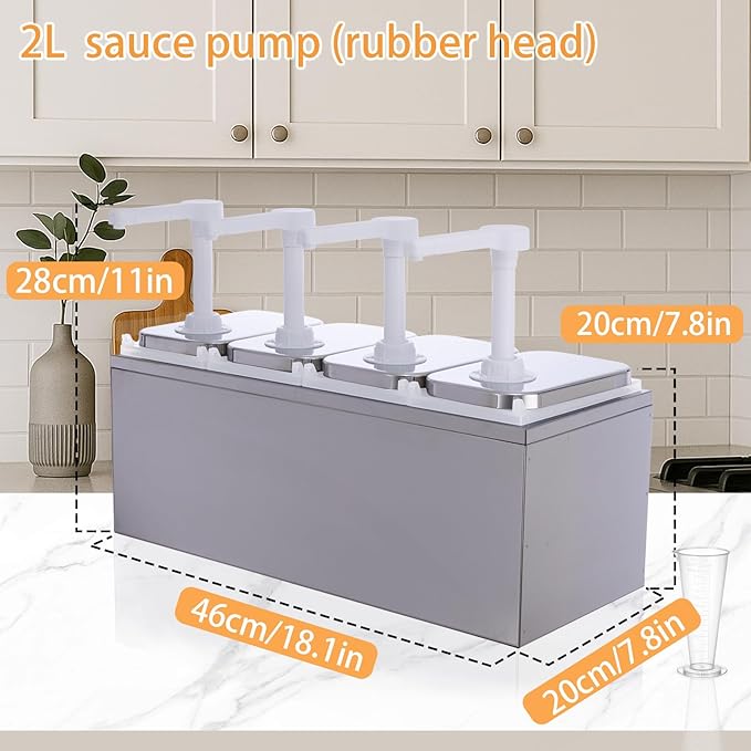 8.46 Quart Condiment Dispenser Pump,Syrup Pump Dispenser with Measuring Cup, Detachable Leak-Proof Design for Sauce, Honey, Syrup,Soy Sauce,Mustard,Cheese (2.11 QT Each, 4 pumphead)