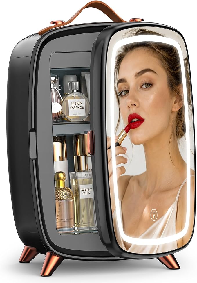COWSAR Mini Fridge for Bedroom with Dimmable LED Light Mirror, 6 Liter/8 Can Skincare Fridge with Top Leather Handle, Portable Small Refrigerator Cooler for Cosmetic, Beverage and Food, Dorm, Office