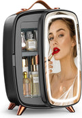 COWSAR Mini Fridge for Bedroom with Dimmable LED Light Mirror, 6 Liter/8 Can Skincare Fridge with Top Leather Handle, Portable Small Refrigerator Cooler for Cosmetic, Beverage and Food, Dorm, Office