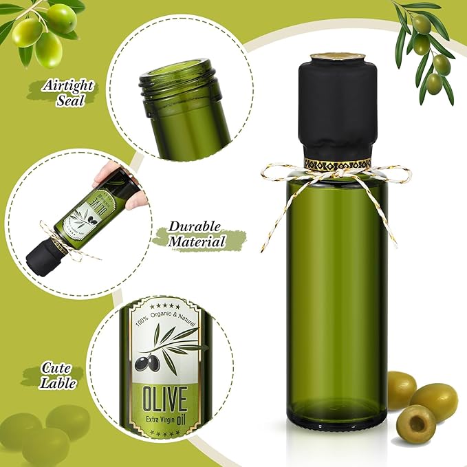 Reallnaive 40 Pcs 4 oz Mini Glass Olive Oil Bottles Empty Sauce Condiment Bottles with Dropper Inserts and Sticker Seals Caps for Gifts Kitchen (Olive Pattern,Dark Green)