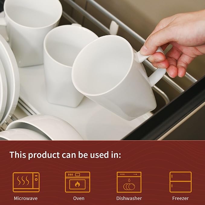 WishDeco White Coffee Mugs Set of 6, Ceramic Coffee Cups 14 oz, Modern Tea Mugs, Porcelain Tea Cups, Large Mug for Latte, Cappuccino, Milk, Juice, Cocoa, Square Bottom, Microwave and Dishwasher Safe