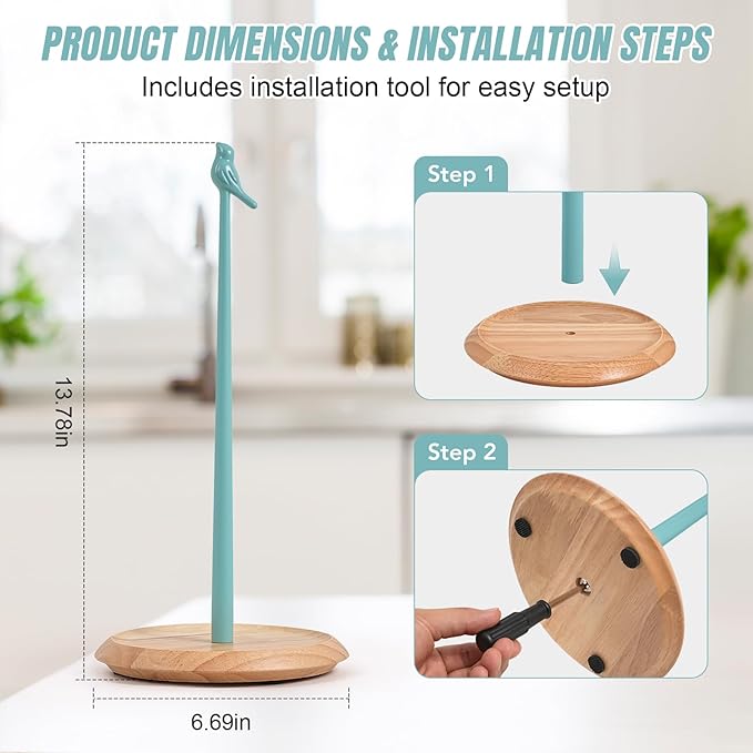 Wooden Paper Towel Holder countertop, Stylish Bird Shaped,Solid Wood Base&Iron Top, with Non-Slip Mat, Stable&Durable,Paper Towel Holder Farmhouse Style to Elevate Your Kitchen's Décor (Blue)