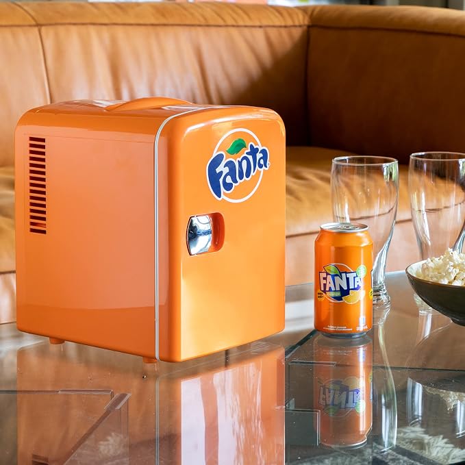 Fanta Mini Fridge - 6 Can Refrigerator for Bedroom Office, Portable Table Top Beverage Cooler, 12V 110V Refrigerador For Drinks, Soda, Wines, Use In Car, Dorm, Outdoor, Patio