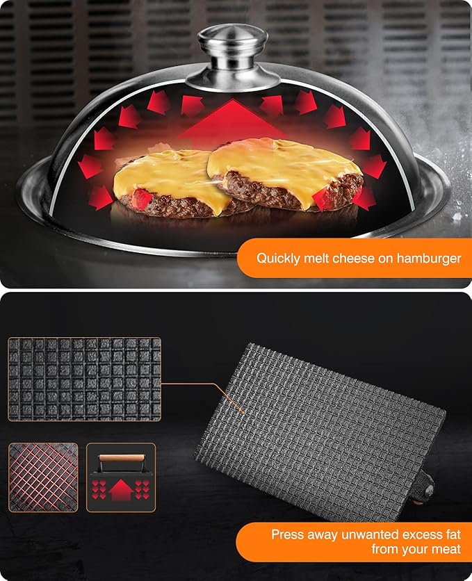 HOMENOTE Griddle Accessories for Blackstone, Commercial Grade 12 Inch Heavy Duty Melting Dome with Rectangle Cast Iron Smash Burger Press Perfect for Flat Top Hibachi Grill Indoor Outdoor