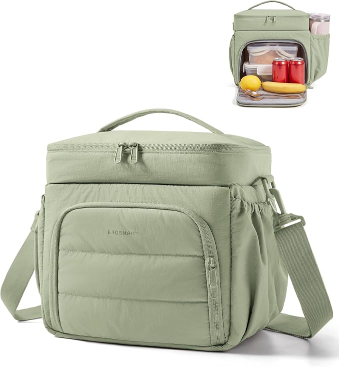 BAGSMART Puffy Insulated Lunch Bag, Lightweight Large 14L Double Deck Lunch Box for Women, Soft Cooler Tote for Office Work Travel Camping with Stretch Side Pockets Fits 40 oz Bottle, Sage Green