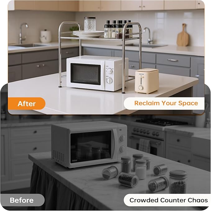Microwave Ovens Rack Width 60 × Depth 34.5 × Height 56 cm Stainless Steel Kitchen Rack Storage Shelf Space-Saving Kitchen Organization Multi-Purpose Compatible Easy Assembly