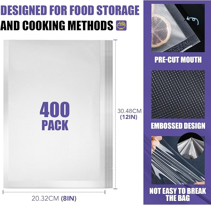 CAREGY Vacuum Sealer Bags 400 Quart 8" x 12" with BPA Free for Food Storage Meal Prep or Sous Vide