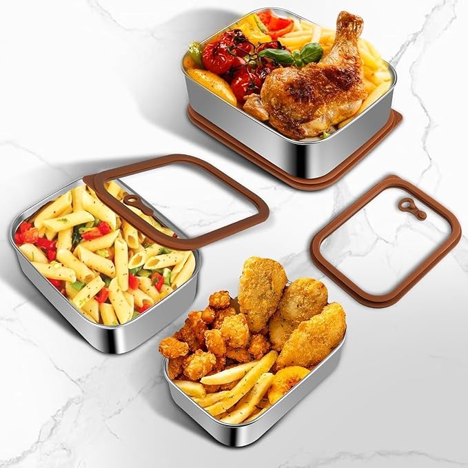 Stainless Steel Meal Prep Containers with Glass Lids - 304 Stainless Steel Kitchen Container for Office Lunches and Camping Trips (21 oz, 42 oz and 70 oz(3 pcs))